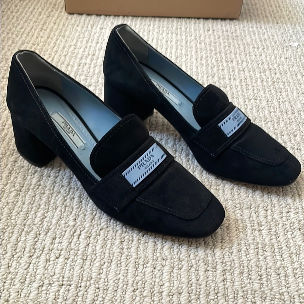 Prada Black Suede Heeled Loafers with Blue Label - Picture 2 of 8